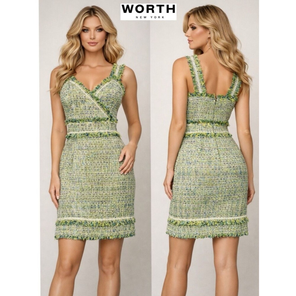 NWT Worth New York Tweed Fringe Tank Sheath Dress Soft Blue Deep Pistachio 2